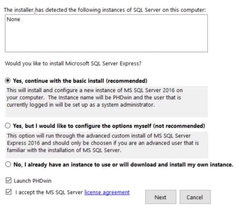 Options for installing MS SQL Express server alongside PHDwin V3